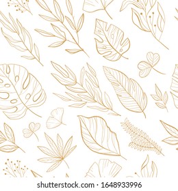 Tropische Blätter nahtloses Muster. Palmen, Fächerpalmen, Monstera, Bananenblätter im Linienstil. Skizzen von tropischen Blättern für Design.