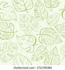 Tropical leaves seamless pattern Palm, fan palm, monstera, banana leaves in line style. Sketches of tropical leaves for design.