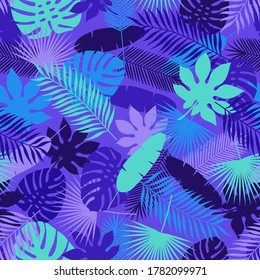 Tropical leaves seamless pattern. Palm leaf, monstera and other jungle plants. Vector illustration.