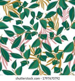 Tropical leaves Seamless Pattern. Tropical palm leaves, jungle leaves vector floral background. Print design for textiles. Fashion prints summer spring