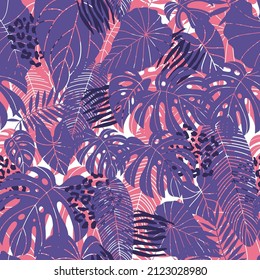 Tropical leaves seamless pattern. Palm exotic elements background. Violet and pink colors. Vector illustration.