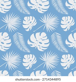 Tropische Blätter nahtloses Muster mit Palmenblatt. Vektor handgezeichneter Druck für Stoff, Textil, Tapeten in Farbe des Jahres 2026 Cloud Dancer. Weich blauer Hintergrund.