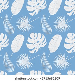 Tropical leaves seamless pattern with palm leaf. Vector hand drawn print for fabric, textile, wallpapers in color of year 2026 Cloud dancer. Soft blue background.