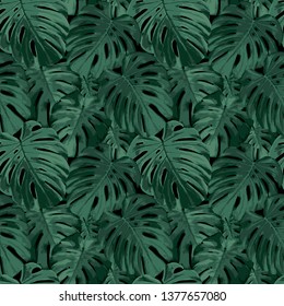 Tropical leaves seamless pattern. Realistic vector background with rain forest nature, green monstera leaf. Exotic jungles, greenery, botanical style background. Summer fashion. Trendy repeat design