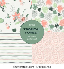 Tropical leaves seamless pattern set. Jungle plants. Striped and dotted texture print. Orchids, hibiscus, monstera leaves backgrounds pack. Decorative textile, wallpaper, wrapping paper design