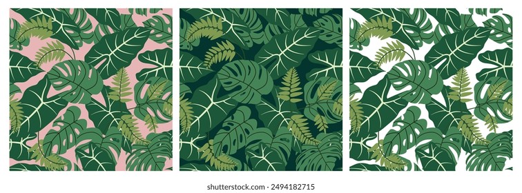 Tropical hojas sin costura conjunto de patrones. Hojas de plantas exóticas sobre un fondo verde, rosa y blanco. Hojas de selva patrones botánicos para el embalaje, textil o Fondos de pantalla. Ilustración vectorial plana.