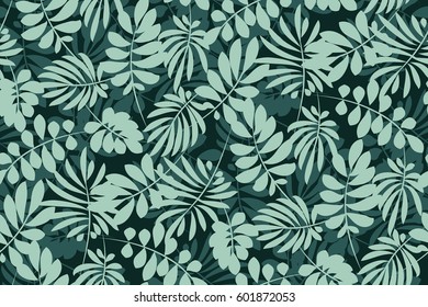 tropical leaves seamless pattern in simple flat style. surface design vector illustration for print, wrapping paper, fabric, background.