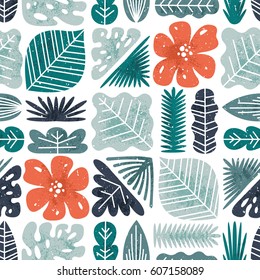 Tropical leaves seamless pattern. Textured jungle background. Vector illustration