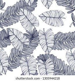  tropical leaves, seamless pattern, vector, hand drawing
