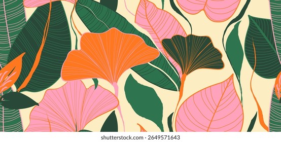 Tropical Leaves Seamless Pattern. Vector Abstract Leaf Design Hand Drawn Linear Style. Trendy Contemporary Floral Design for Prints, Textile, Fabric, Posters, Invitations, Branding Design. Not AI