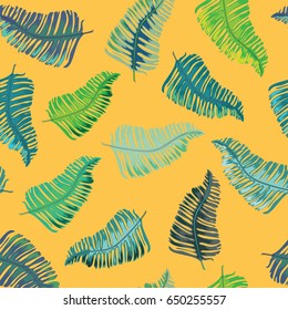 Tropical leaves seamless pattern. Vector illustration on orange background
