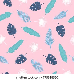 Tropical leaves seamless pattern. Vector hand drawn illustration