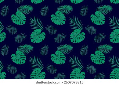 Tropical Leaves Seamless Pattern With Vibrant Greens Against a Deep Night Background. Palm and Monstera Leaves