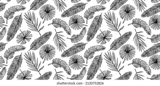 Tropical leaves seamless pattern. Vintage leaf of banana and palm in engraving style. Hand drawn texture for fabric, wallpaper, textile, print, background, wrapping paper. Vector illustration.