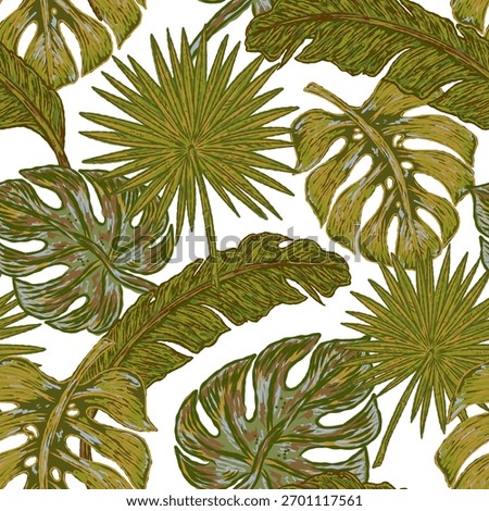 Tropical Leaves Seamless Pattern. A vintage hand-drawn illustration in a sketchy style with clean contour lines and colorful, textured brushstrokes.