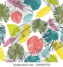 Tropical leaves. Seamless pattern. White background. Exotic floral pattern. Jungle plant. Vector illustration. Wrapping paper, cover, home decor, fabric design