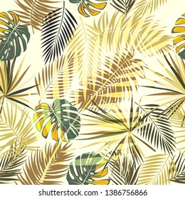 Tropical leaves seamless pattern, yellow print for textile, cloth, wallpaper, scrapbooking, wrapping. Vector background.