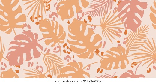 Tropical leaves seamless pattern.Neutral botanical background. Leopard spots. Sun-scorched leaves. Vector pattern for printing on fabric and paper.