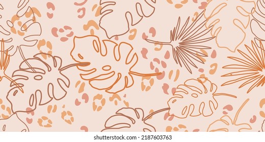 Tropical leaves seamless pattern.Neutral botanical background. Leopard spots. Sun-scorched leaves. Vector pattern for printing on fabric and paper. 