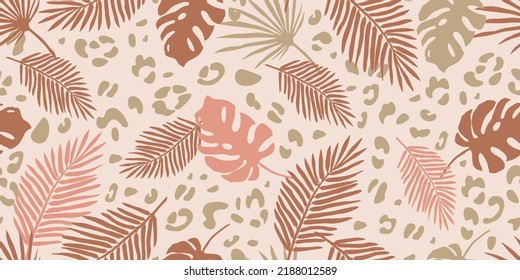 Tropical leaves seamless pattern.Neutral botanical background. Leopard spots. Sun-scorched leaves. Vector pattern for printing on fabric and paper. 