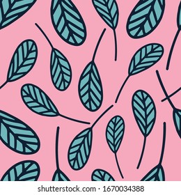 Tropical leaves seamless repeat pattern for wrapping paper,fabrics,wallpaper.Green leaves on a pink background.