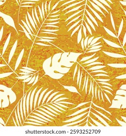 Tropical leaves seamless retro pattern. Palms foliage white endless background vector illustration