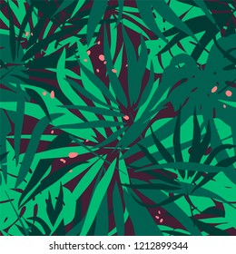 Tropical leaves. Seamless texture. Background with palm tree leaf and monstera leaves. Vector pattern.
