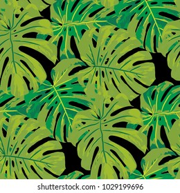 Tropical Leaves. Seamless Texture with Bright Hand Drawn Leaves of Monstera. Spring Rapport for Paper, Cloth, Fabric. Vector Seamless Background with Tropic Plants. Watercolor Effect.