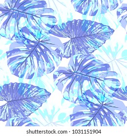 Tropical Leaves. Seamless Texture with Bright Hand Drawn Leaves of Monstera. Trendy Rapport for Print, Cloth, Fabric. Vector Seamless Background with Tropic Plants. Watercolor Effect.