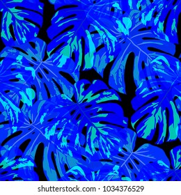 Tropical Leaves. Seamless Texture with Bright Hand Drawn Leaves of Monstera. Spring Rapport for Paper, Textile, Wallpaper. Vector Seamless Background with Tropic Plants. Watercolor Effect.