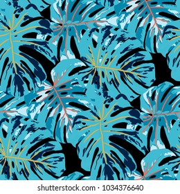 Tropical Leaves. Seamless Texture with Bright Hand Drawn Leaves of Monstera. Summer Rapport for Print, Textile, Swimwear. Vector Seamless Background with Tropic Plants. Watercolor Effect.