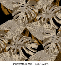 Tropical Leaves. Seamless Texture with Bright Hand Drawn Leaves of Monstera. Trendy Rapport for Calico, Textile, Wallpaper. Vector Seamless Background with Tropic Plants. Watercolor Effect.