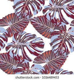 Tropical Leaves. Seamless Texture with Bright Hand Drawn Leaves of Monstera. Bright Rapport for Print, Textile, Swimwear. Vector Seamless Background with Tropic Plants. Watercolor Effect.