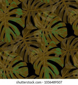 Tropical Leaves. Seamless Texture with Bright Hand Drawn Leaves of Exotic Tree. Trendy Rapport for Calico, Textile, Swimwear. Vector Seamless Background with Tropic Plants. Watercolor Effect.