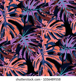 Tropical Leaves. Seamless Texture with Bright Hand Drawn Leaves of Exotic Tree. Trendy Rapport for Print, Textile, Fabric. Vector Seamless Background with Tropic Plants. Watercolor Effect.