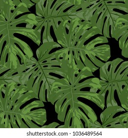 Tropical Leaves. Seamless Texture with Bright Hand Drawn Leaves of Exotic Tree. Summer Rapport for Paper, Cloth, Wallpaper. Vector Seamless Background with Tropic Plants. Watercolor Effect.