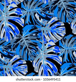 Tropical Leaves. Seamless Texture with Bright Hand Drawn Leaves of Monstera. Spring Rapport for Print, Textile, Swimwear. Vector Seamless Background with Tropic Plants. Watercolor Effect.