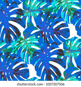 Tropical Leaves. Seamless Texture with Bright Hand Drawn Leaves of Exotic Tree. Bright Rapport for Paper, Cloth, Wallpaper. Vector Seamless Background with Tropic Plants. Watercolor Effect.