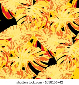 Tropical Leaves. Seamless Texture with Bright Hand Drawn Leaves of Monstera. Bright Rapport for Paper, Cloth, Fabric. Vector Seamless Background with Tropic Plants. Watercolor Effect.