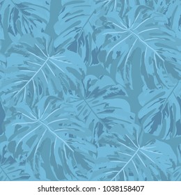 Tropical Leaves. Seamless Texture with Bright Hand Drawn Leaves of Monstera. Spring Rapport for Paper, Cloth, Wallpaper. Vector Seamless Background with Tropic Plants. Watercolor Effect.