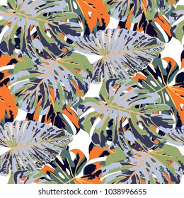 Tropical Leaves. Seamless Texture with Bright Hand Drawn Leaves of Monstera. Spring Rapport for Calico, Textile, Swimwear. Vector Seamless Background with Tropic Plants. Watercolor Effect.