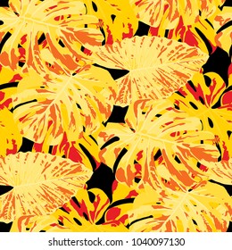 Tropical Leaves. Seamless Texture with Bright Hand Drawn Leaves of Monstera. Spring Rapport for Print, Paper, Swimwear. Vector Seamless Background with Tropic Plants. Watercolor Effect.