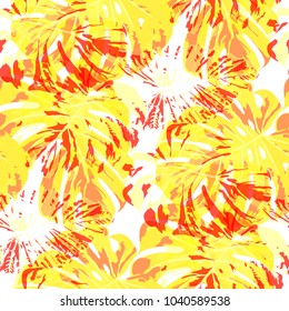 Tropical Leaves. Seamless Texture with Bright Hand Drawn Leaves of Exotic Tree. Summer Rapport for Calico, Textile, Wallpaper. Vector Seamless Background with Tropic Plants. Watercolor Effect.