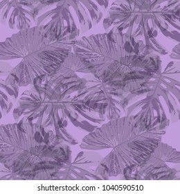 Tropical Leaves. Seamless Texture with Bright Hand Drawn Leaves of Exotic Tree. Spring Rapport for Print, Textile, Fabric. Vector Seamless Background with Tropic Plants. Watercolor Effect.