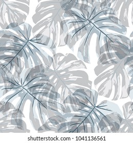 Folhas Tropicais. Textura sem costura com folhas brilhantes desenhadas à mão de Monstera. Rapport moderno para impressão, tecido, tecido. Fundo Seamless Vector com Plantas Trópicas. Efeito aquarela.