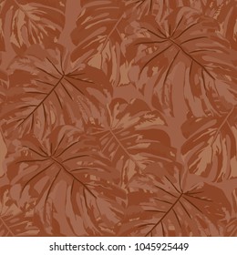 Tropical Leaves. Seamless Texture with Bright Hand Drawn Leaves of Exotic Tree. Trendy Rapport for Print, Cloth, Fabric. Vector Seamless Background with Tropic Plants. Watercolor Effect.