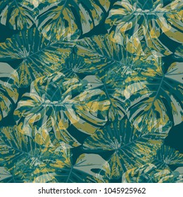 Tropical Leaves. Seamless Texture with Bright Hand Drawn Leaves of Monstera. Spring Rapport for Print, Cloth, Fabric. Vector Seamless Background with Tropic Plants. Watercolor Effect.
