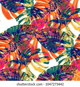 Folhas Tropicais. Textura sem costura com folhas brilhantes desenhadas à mão de Monstera. Rapport de mola para impressão, tecido, tecido. Fundo Seamless Vector com Plantas Trópicas. Efeito aquarela.