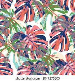 Tropical Leaves. Seamless Texture with Bright Hand Drawn Leaves of Exotic Tree. Spring Rapport for Paper, Cloth, Fabric. Vector Seamless Background with Tropic Plants. Watercolor Effect.