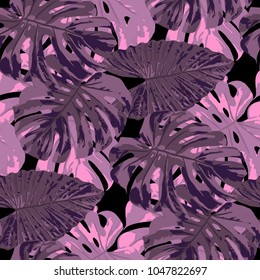 Tropical Leaves. Seamless Texture with Bright Hand Drawn Leaves of Monstera. Trendy Rapport for Paper, Textile, Wallpaper. Vector Seamless Background with Tropic Plants. Watercolor Effect.